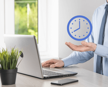 A man holding a clock icon, symbolizing fast turnaround times for typing services to meet urgent deadlines.