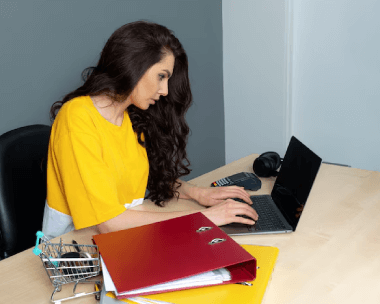 Expert typist at a desk using a mobile phone, promoting transcription and typing services with optional rush delivery.