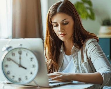 Selective focus on an alarm clock near a woman typing on a laptop for flexible typing rates per hour to meet client needs.